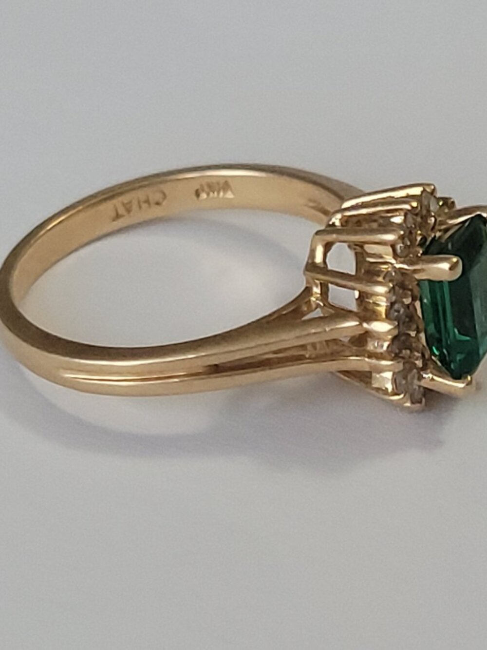 Emerald Diamond 14k Gold Vintage Ring Chatham 14 Diamonds 1980's May Birthstone - Picture 9 of 15